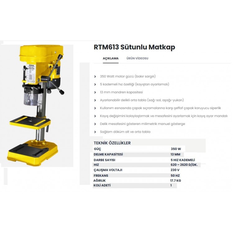 Rtrmax Rtm 613 Sütunlu Matkap 13 mm 350 W