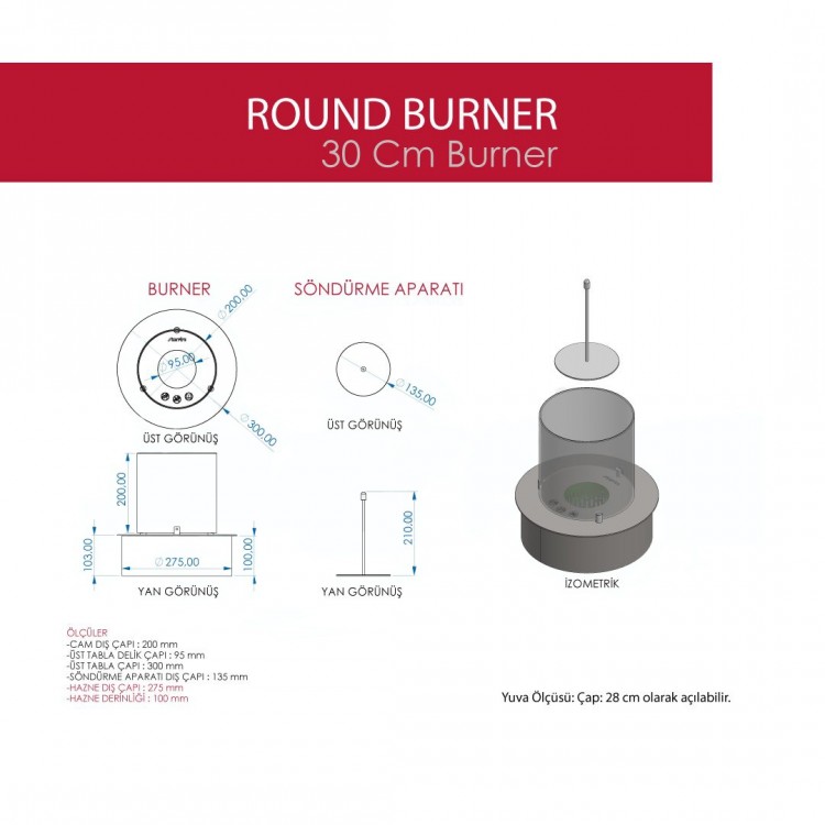 Starfire Yuvarlak Burner Camlı Bioethanol Şömine 30 cm